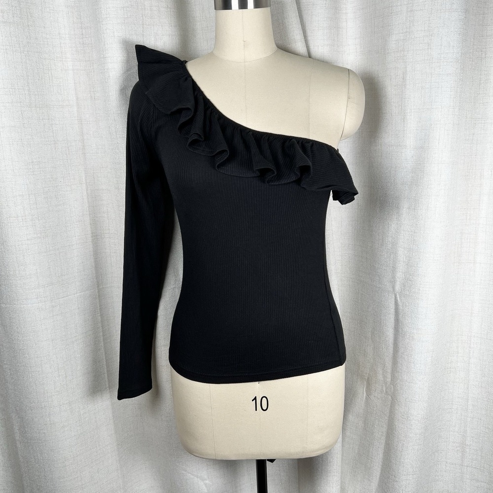NEW! J Crew One-Shoulder Ruffleneck Top Vintage Rib Black Small Asymmetric